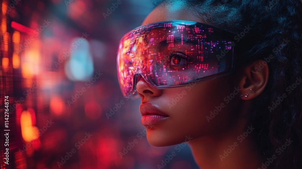 A woman wearing futuristic glasses, surrounded by colorful digital displays. A woman wearing futuristic glasses, surrounded by colorful digital displays.