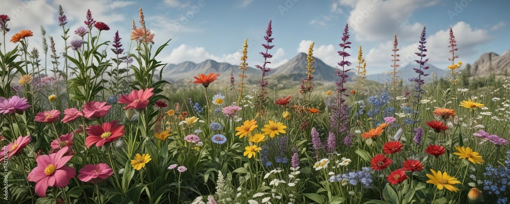 Seamless border featuring various wild plants and flowers, greenery, nature, garden, botanical Seamless border featuring various wild plants and flowers, greenery, nature, garden, botanical