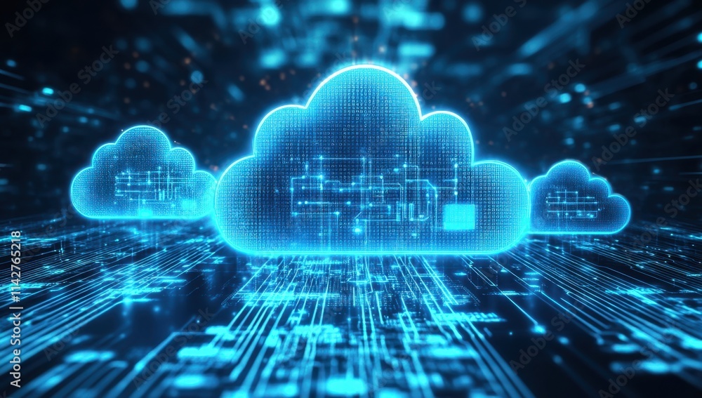 Digital illustration of cloud technology, with glowing data points and circuit board patterns in the background The central focus is on three large clouds symbolizing online storage Generative AI Digital illustration of cloud technology, with glowing data points and circuit board patterns in the background The central focus is on three large clouds symbolizing online storage Generative AI