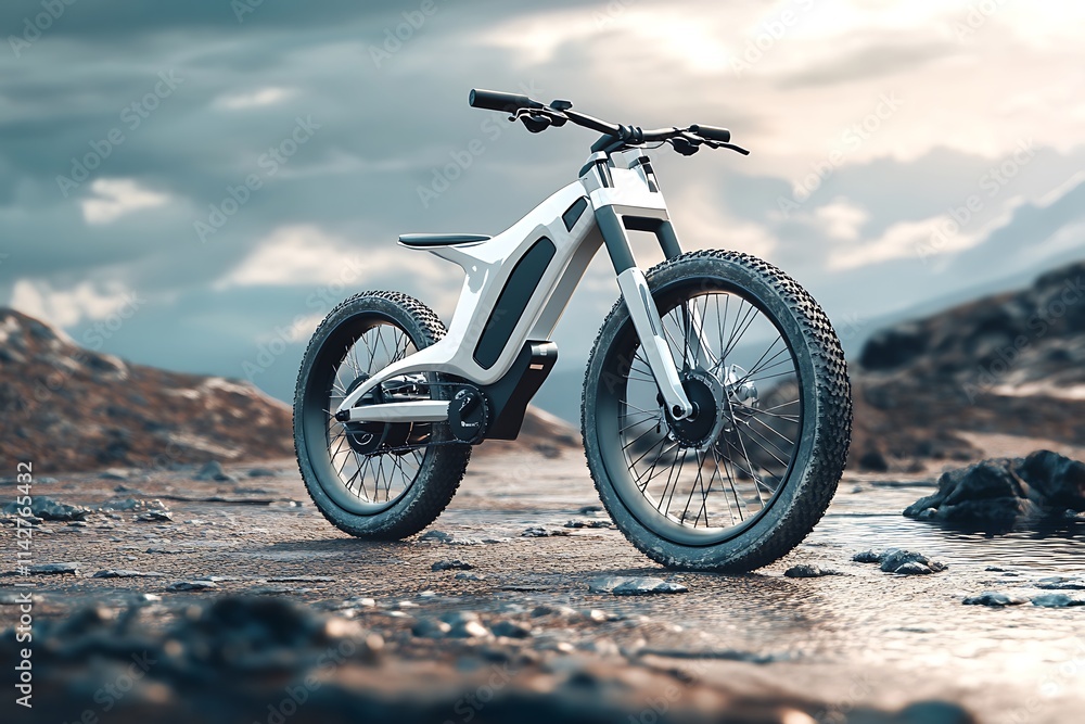 Obraz premium Futuristic Electric Bicycle in Mountainous Landscape