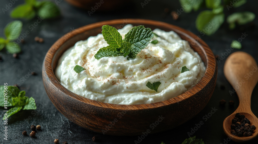 Creamy sour cream garnished with fresh mint leaves in wooden bowl, surrounded by herbs and spices, evokes sense of freshness and culinary delight Creamy sour cream garnished with fresh mint leaves in wooden bowl, surrounded by herbs and spices, evokes sense of freshness and culinary delight