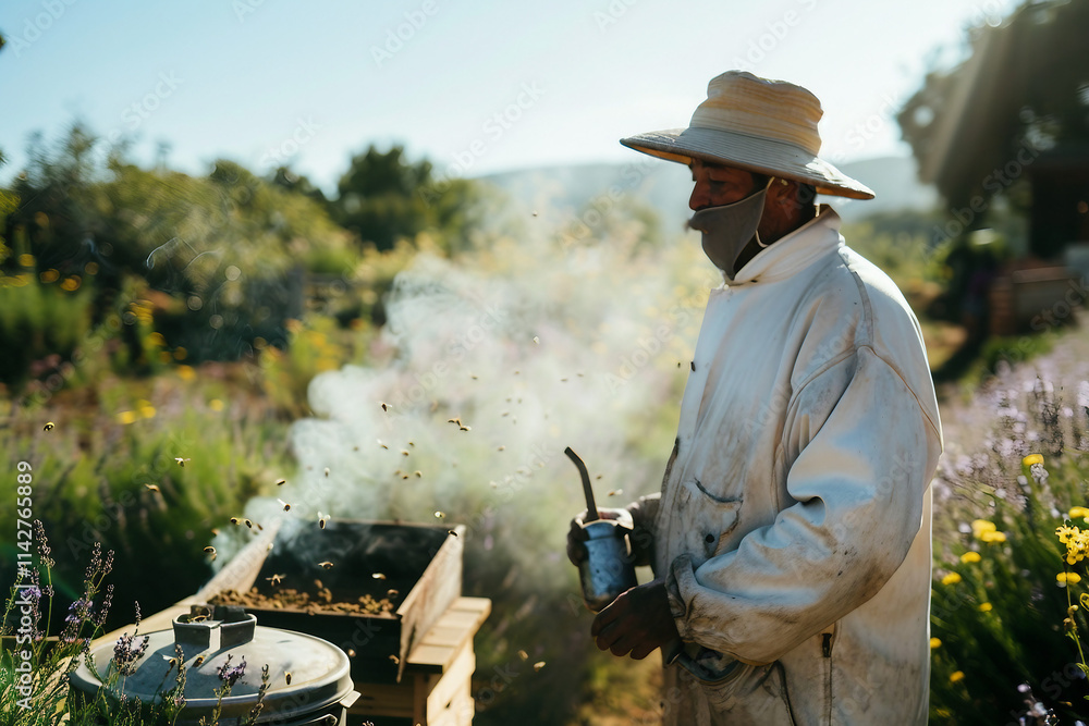 Experienced Beekeeper Harvesting Honeycombs with Bees in a Rural Setting Generative AI Experienced Beekeeper Harvesting Honeycombs with Bees in a Rural Setting Generative AI