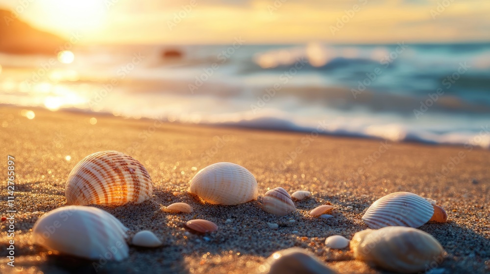Close-up of seashells nestled in golden sand at sunrise. Close-up of seashells nestled in golden sand at sunrise.