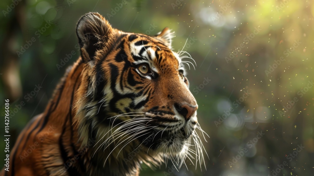 Fototapeta premium Tiger with intense gaze staring directly at the camera in a dense jungle setting, highlighting powerful eyes and captivating expression in the wilderness