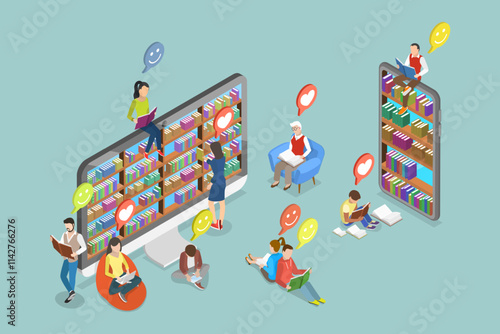 3D Isometric Flat Vector Illustration of Online Education, Digital Library Services