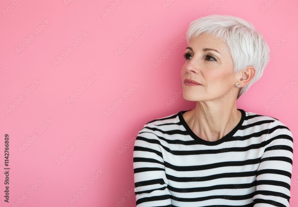 Confident Senior Woman with Short Hair and Striped Sweater Posing Gracefully Against a Soft Pink Background in a Bright and Modern Setting Confident Senior Woman with Short Hair and Striped Sweater Posing Gracefully Against a Soft Pink Background in a Bright and Modern Setting