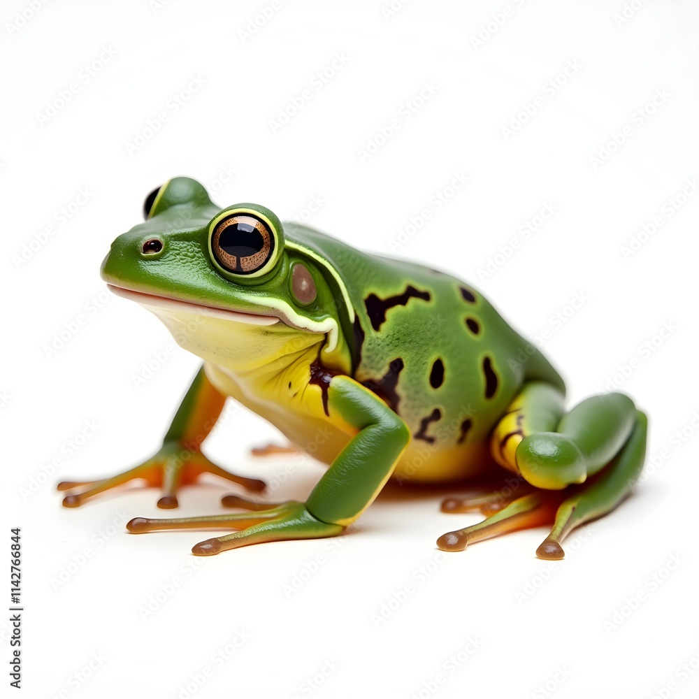 Obraz premium green frog sitting on a leaf with natural lighting, ideal for amphibian photography, environmental themes, and stock images for nature conservation 