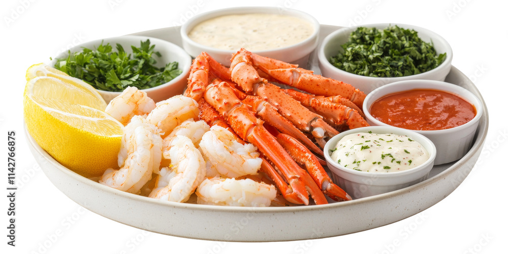 A seafood platter featuring shrimp and crab, accompanied by various dipping sauces and garnishes. A seafood platter featuring shrimp and crab, accompanied by various dipping sauces and garnishes.