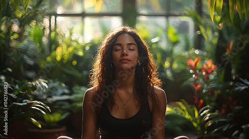 a person sitting cross-legged, meditating, surrounded by lush greenery, 85mm lens, Studio Lighting.  photo