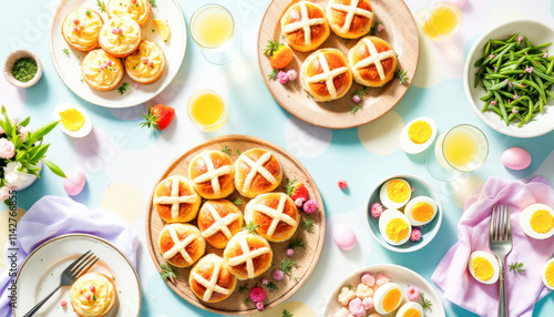 Wallpaper Mural A vibrant Easter brunch spread featuring dishes like deviled eggs, hot cross buns, and refreshing mimosas, beautifully arranged on a pastel-themed tablecloth Torontodigital.ca