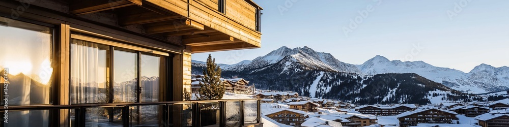 A house with a balcony overlooking a snowy mountain. The view is breathtaking and serene. The house is surrounded by trees and the mountains are covered in snow. Concept of peace and tranquility A house with a balcony overlooking a snowy mountain. The view is breathtaking and serene. The house is surrounded by trees and the mountains are covered in snow. Concept of peace and tranquility
