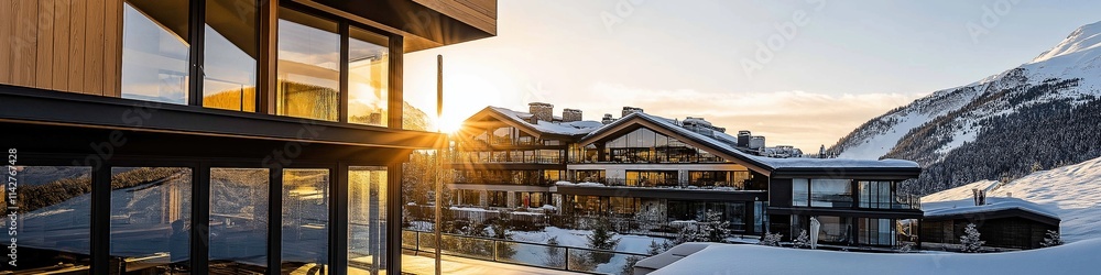Obraz premium A beautiful mountain view with a large house in the background. The house is surrounded by snow and has a large glass window. The sun is shining on the house, creating a warm and inviting atmosphere