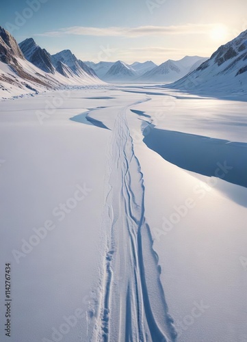 Ski track winding through a frozen lake in the Arctic, frozen, winter photo