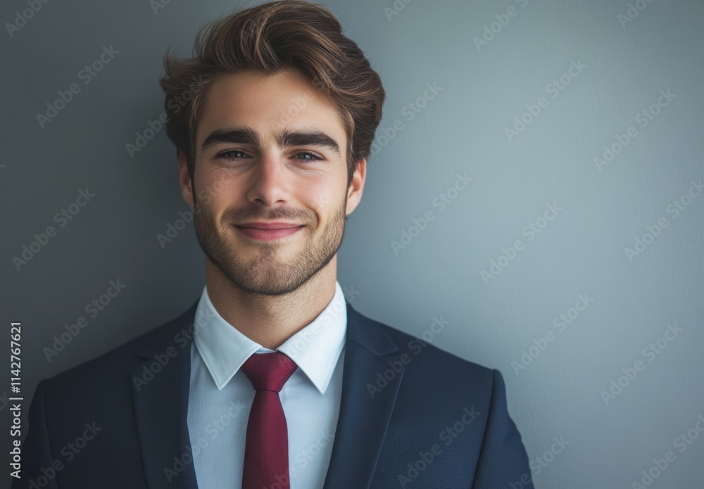 Confident Young Man in Formal Attire with Suit and Tie Smiling Against Gray Wall Background, Perfect for Business and Professional Themes Confident Young Man in Formal Attire with Suit and Tie Smiling Against Gray Wall Background, Perfect for Business and Professional Themes