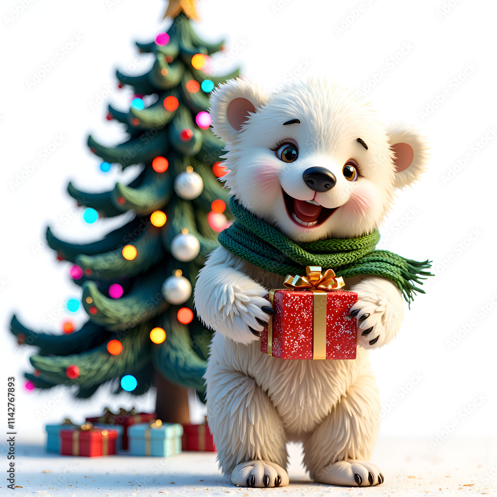 Joyful polar bear cub presenting a gift by a decorated christmas tree, 3d rendering of character design concept. Joyful polar bear cub presenting a gift by a decorated christmas tree, 3d rendering of character design concept.