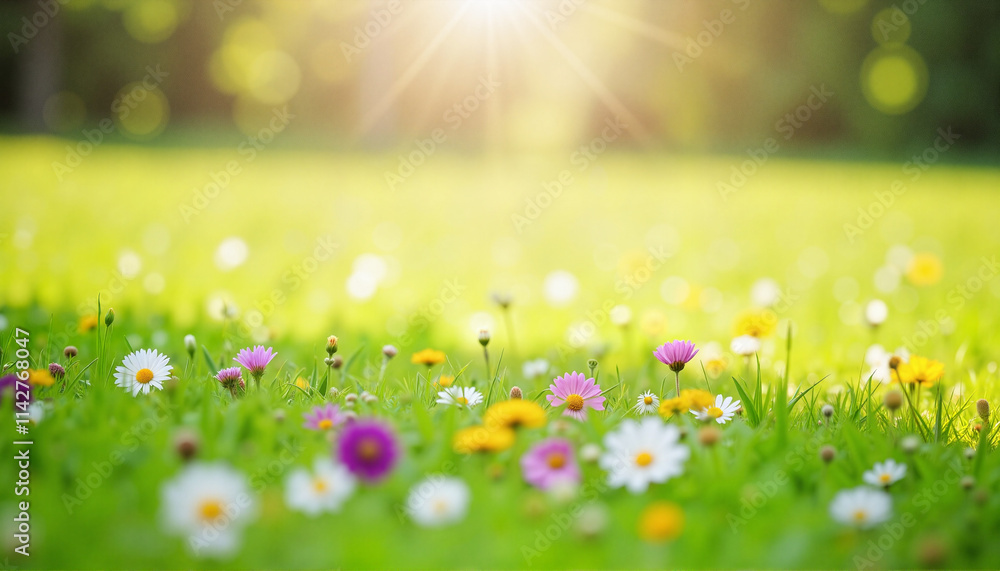 Fototapeta premium Lawn Sprinkled with Colorful Wildflowers on Sunny Day