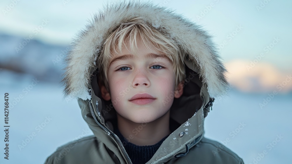 A young boy in a warm coat with a fur-lined hood stands in a snowy landscape. A young boy in a warm coat with a fur-lined hood stands in a snowy landscape.