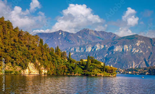 The stunningly beautiful Dosso d'Avedo penisula on the shores of Lake Como near Lenno and the Isola Comacina, Lombardy, Northern Italy photo