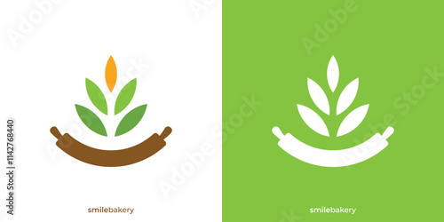 Simple Smile Bakery Logo Design Template. A rolling pin that is curved like a smile symbol graphic and wheat leaves. 