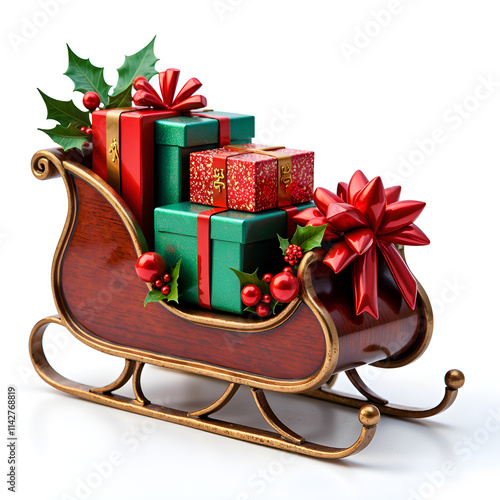 Charming wooden sleigh overflowing with colorful christmas presents and holiday decor, 3d rendering of holiday celebration concept.