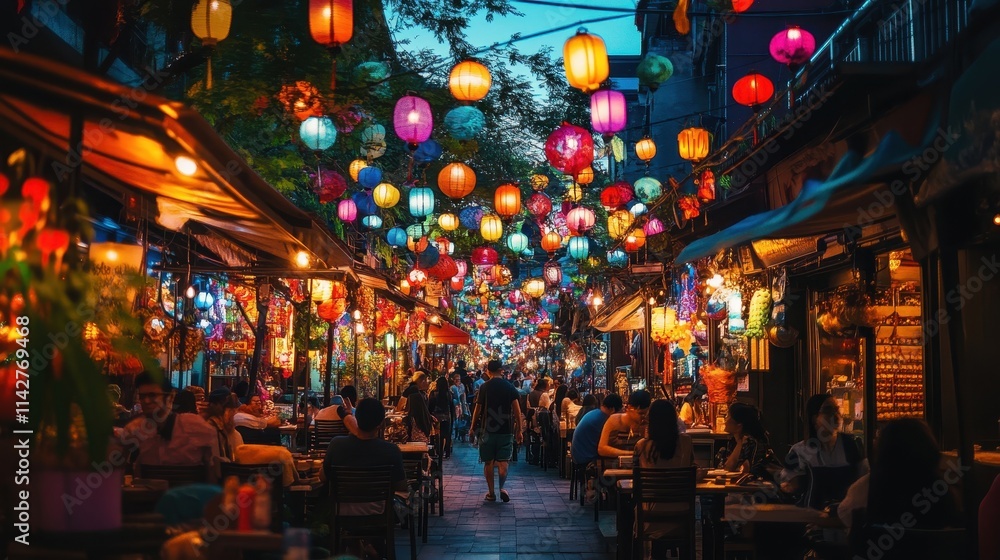 Naklejka premium Vibrant market filled with colorful lanterns during a lively evening in a bustling city center