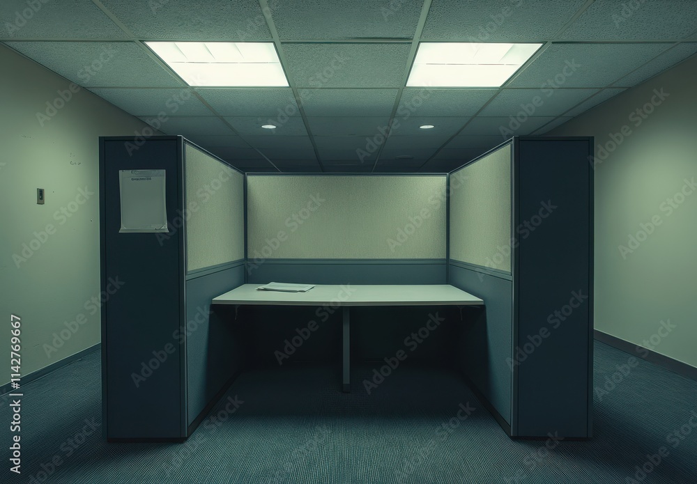 Empty Office Cubicle Space with Minimalist Design, Soft Lighting, and Blank Wall Panels in a Quiet Workplace Environment Empty Office Cubicle Space with Minimalist Design, Soft Lighting, and Blank Wall Panels in a Quiet Workplace Environment