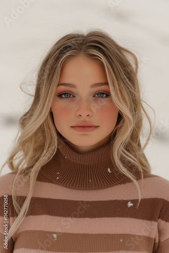  blonde woman wearing a mocha mousse and brown striped sweater in a snowy background, outdoor winter viber with color of the year  photo