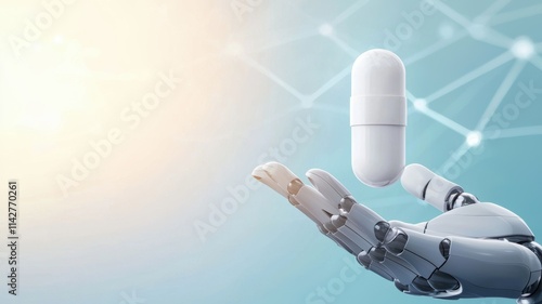 A concept of using AI in drug formulation design. A robotic hand holds a capsule, symbolizing the intersection of technology and healthcare.