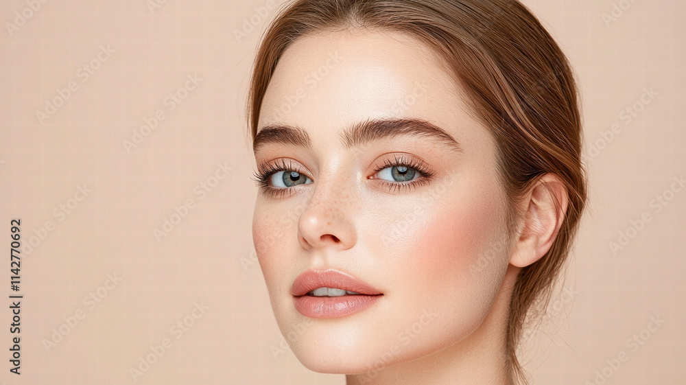 woman with flawless skin and serene expression, showcasing natural beauty and elegance. Her light makeup enhances her features, creating fresh and radiant look woman with flawless skin and serene expression, showcasing natural beauty and elegance. Her light makeup enhances her features, creating fresh and radiant look