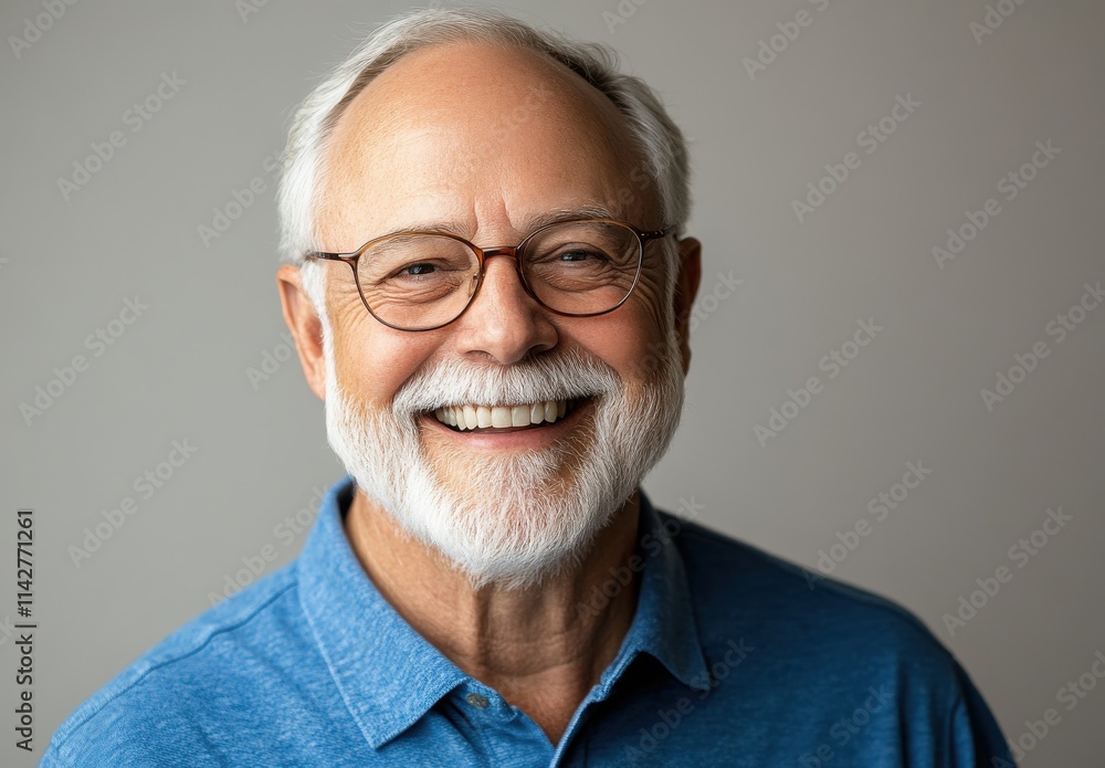 Happy elderly man with glasses smiling brightly in casual blue shirt against a neutral background, conveying warmth and approachability for diverse design needs. Happy elderly man with glasses smiling brightly in casual blue shirt against a neutral background, conveying warmth and approachability for diverse design needs.