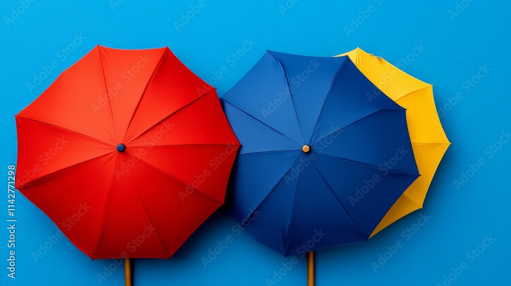 Colorful Umbrellas on Blue: A trio of vibrant umbrellas, red, blue, and yellow, stand out against a bright blue background. A playful and cheerful image that speaks to protection and optimism. Colorful Umbrellas on Blue: A trio of vibrant umbrellas, red, blue, and yellow, stand out against a bright blue background. A playful and cheerful image that speaks to protection and optimism.