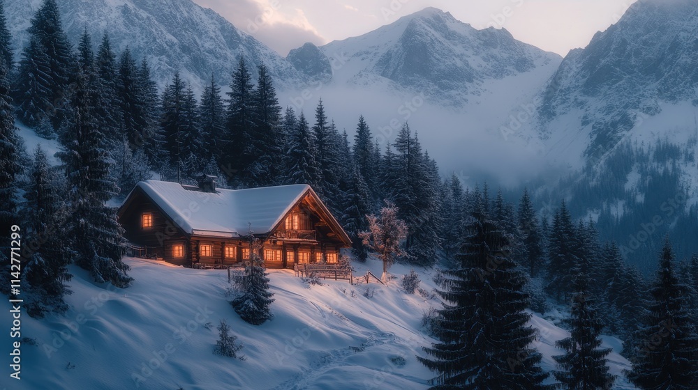 Fototapeta premium Cozy cabin nestled in snowy mountains at dusk with warm lights glowing through windows
