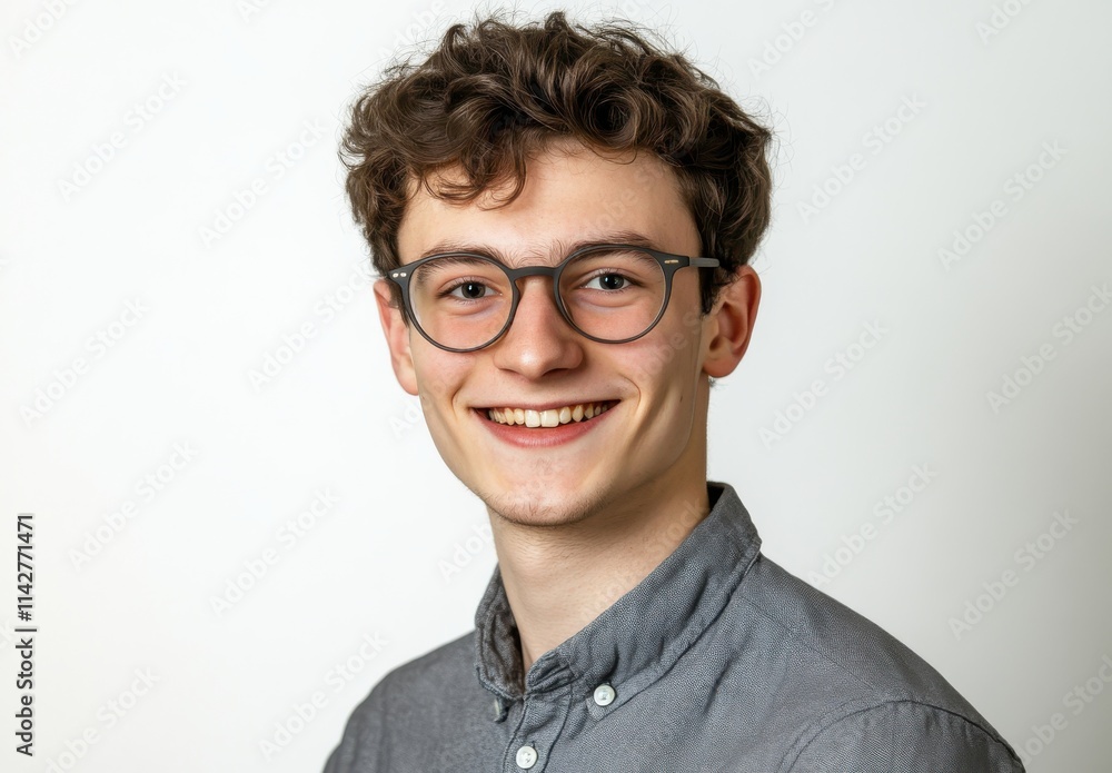 Happy young man with curly hair and glasses smiling confidently against a neutral background, showcasing a warm and inviting personality ideal for various projects. Happy young man with curly hair and glasses smiling confidently against a neutral background, showcasing a warm and inviting personality ideal for various projects.
