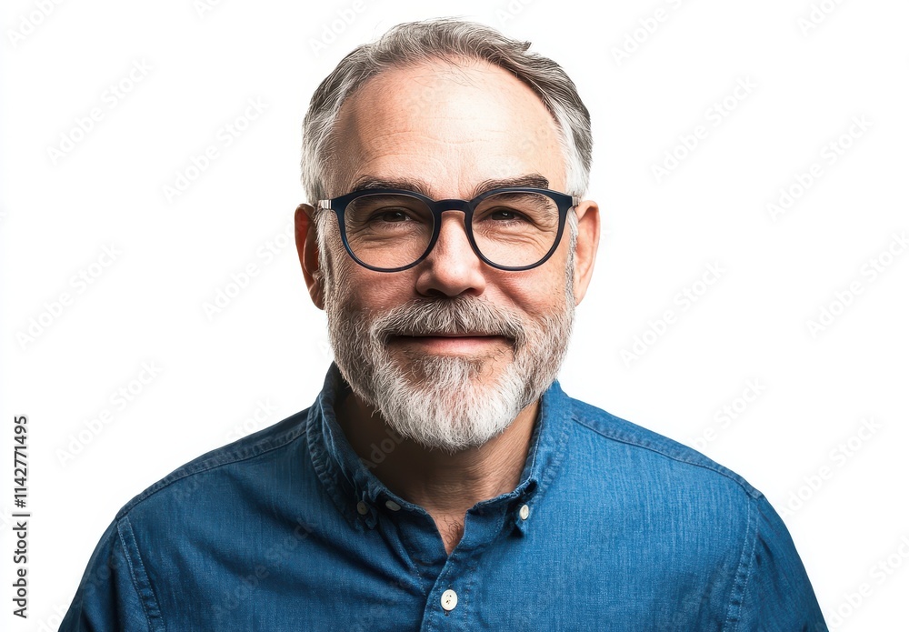 Mature man with glasses and beard smiling cheerfully, wearing a denim shirt against a bright white background, showcasing confidence and approachability. Mature man with glasses and beard smiling cheerfully, wearing a denim shirt against a bright white background, showcasing confidence and approachability.