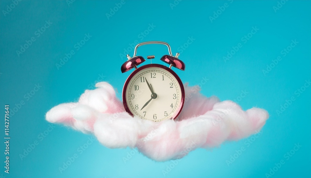 Alarm clock floating on a white cloud background Alarm clock floating on a white cloud background