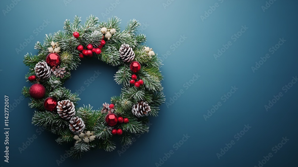 Blue background featuring Christmas wreath adorned Blue background featuring Christmas wreath adorned
