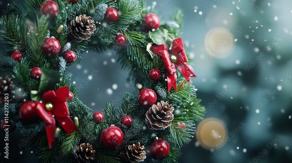 Blue background featuring Christmas wreath adorned Blue background featuring Christmas wreath adorned