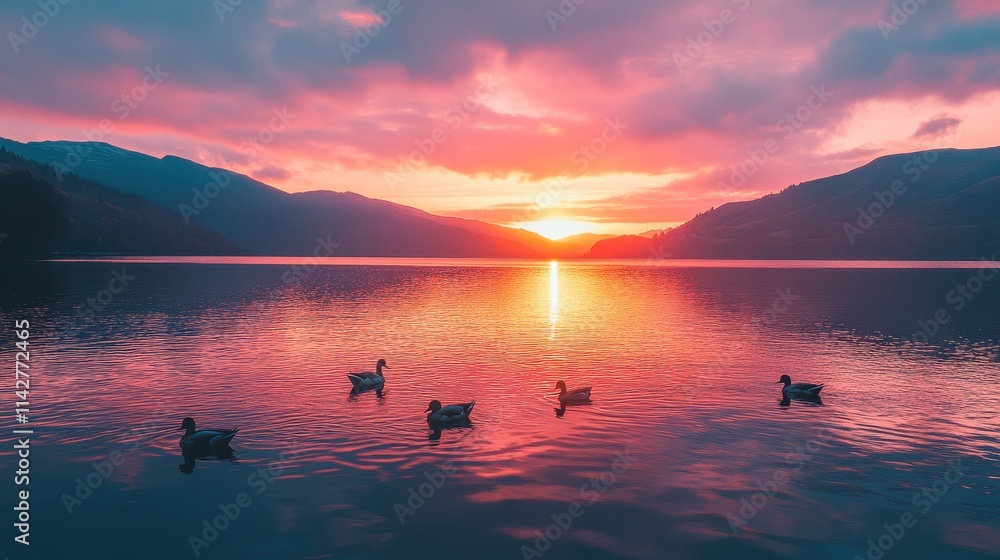 Naklejka premium Sunset over a tranquil lake with ducks swimming peacefully in the serene water landscape