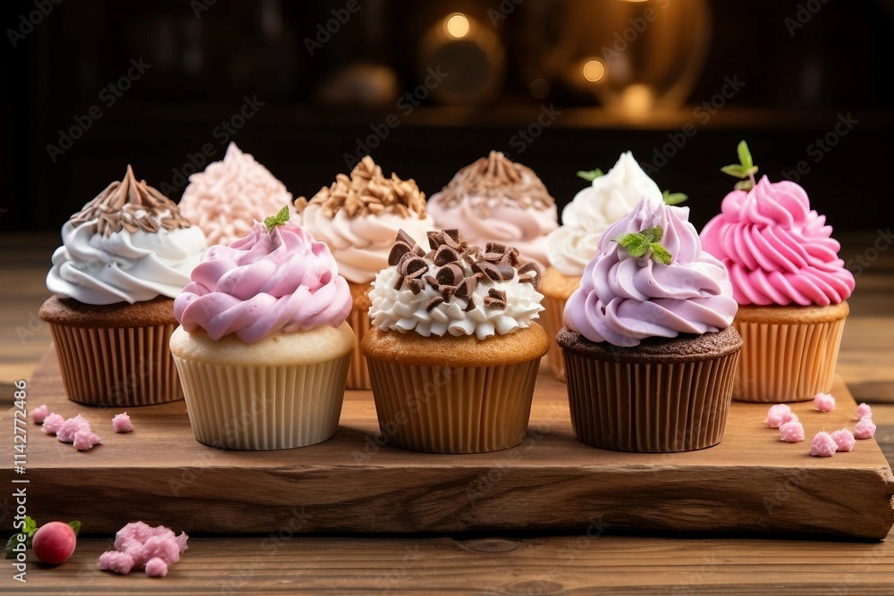 Cupcakes with Different Flavors on a Wooden Table Cupcakes with Different Flavors on a Wooden Table