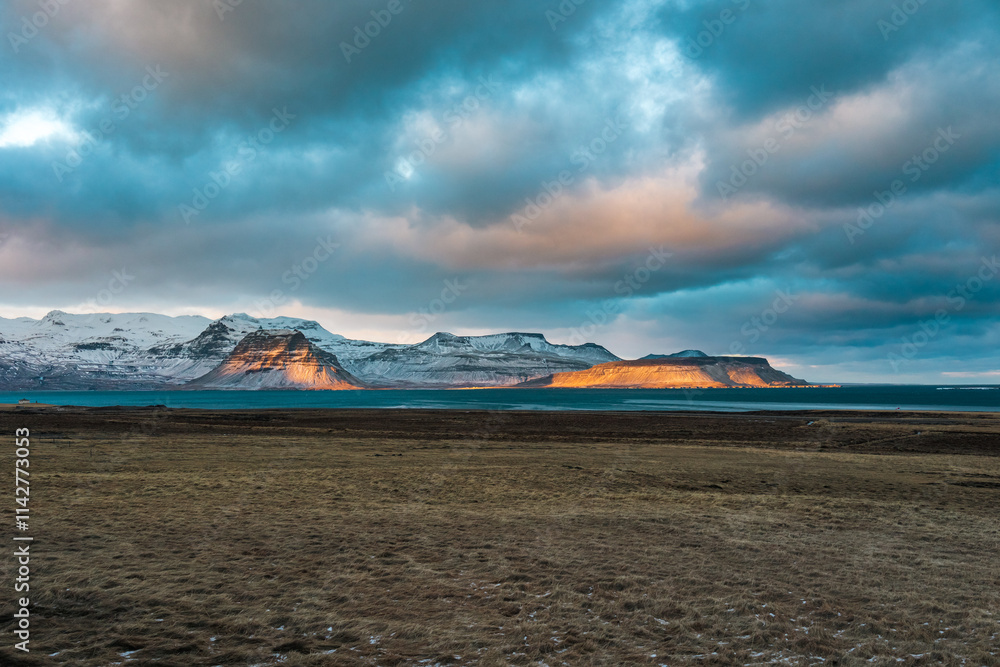 Kirkjufell mountain in a stormy winter day