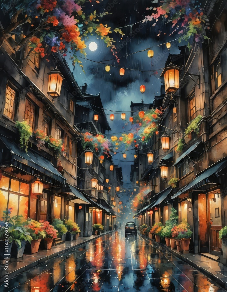 Naklejka premium An illustration of a beautiful Asian garden in the rain.