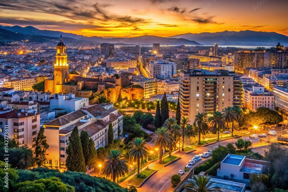 Naklejka premium Málaga Urban Planning Night Photography: Low Light Cityscape, Architectural Details, Urban Development, Night Scene, City Lights, Malaga Streets