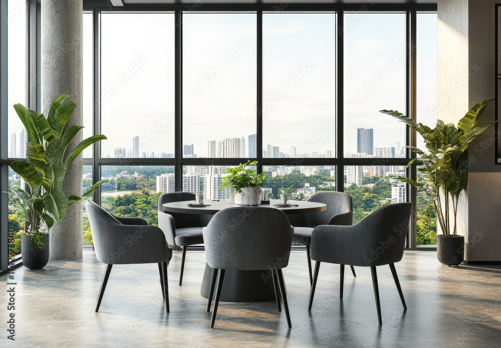 Modern and Stylish Dining Area with Elegant Chairs and Table Overlooking Cityscape through Large Windows in a Bright and Airy Interior Space Modern and Stylish Dining Area with Elegant Chairs and Table Overlooking Cityscape through Large Windows in a Bright and Airy Interior Space