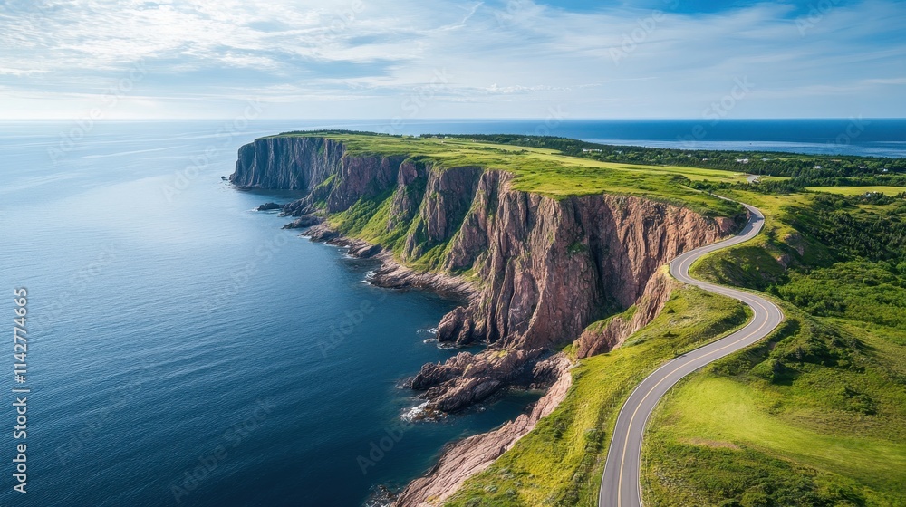 Obraz premium Magnificent coastal view with cliffs and winding road near the ocean on a sunny day