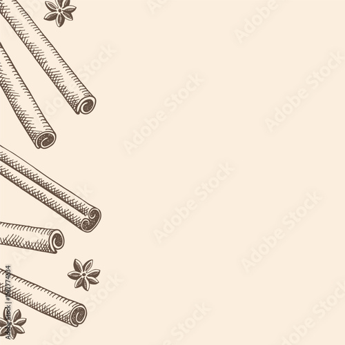 Card with engraved Cinnamon sticks for text. Background with bark brown spiced rolled cinnamons. Spicy seasoning, condiment aromatic ingredient for cooking, bakery. Design for label, logo, sign