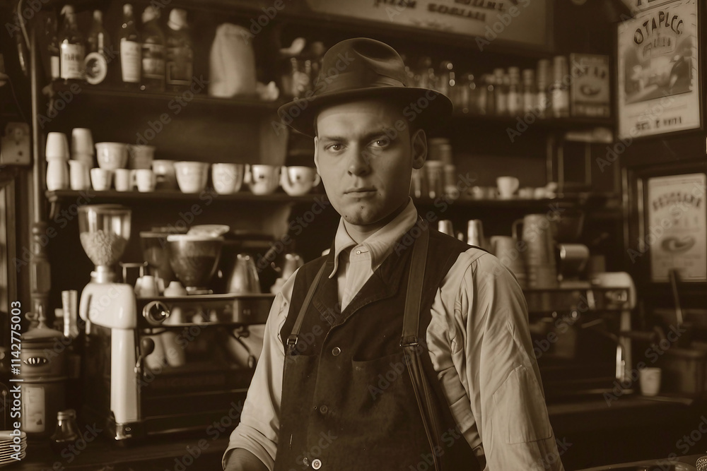Retro Nostalgic Coffee Shop Scene with Barista Generative AI sepia Image Retro Nostalgic Coffee Shop Scene with Barista Generative AI sepia Image