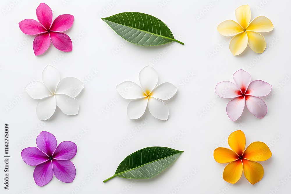Frangipani bloom flowers collection top view isolated on white background Frangipani bloom flowers collection top view isolated on white background