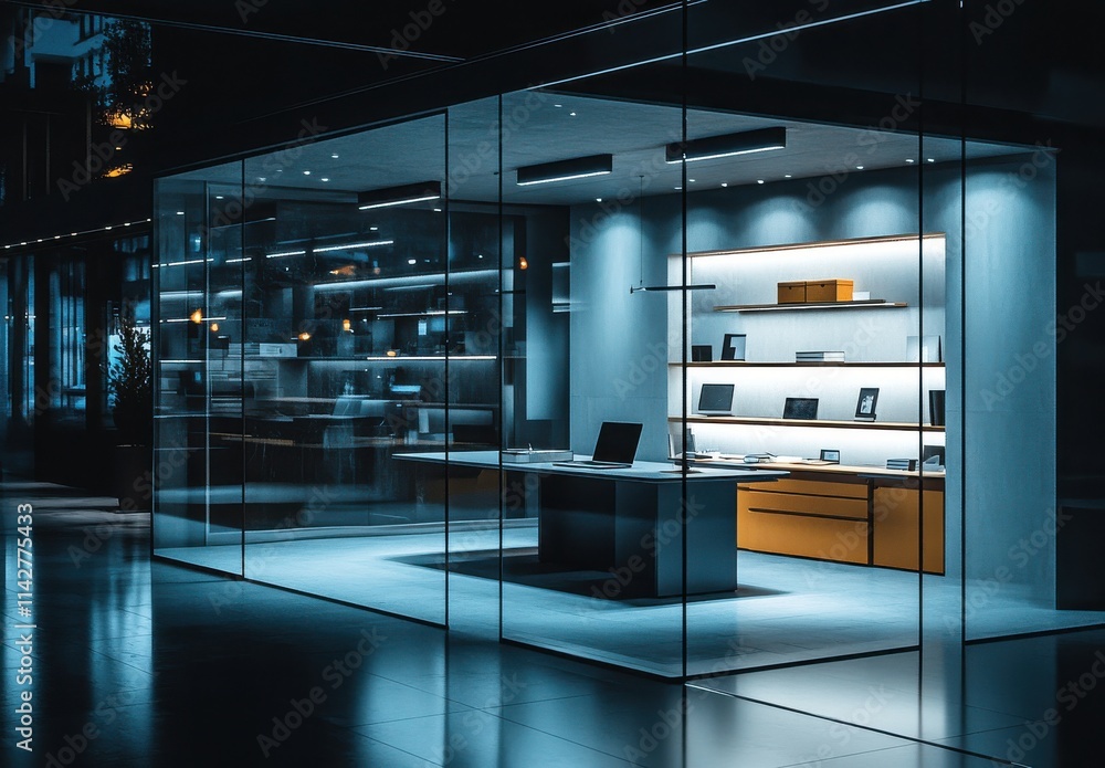 Modern Glass Office Space Featuring Minimalistic Design with Sleek Furniture and Warm Lighting for a Professional Atmosphere in Urban Setting Modern Glass Office Space Featuring Minimalistic Design with Sleek Furniture and Warm Lighting for a Professional Atmosphere in Urban Setting