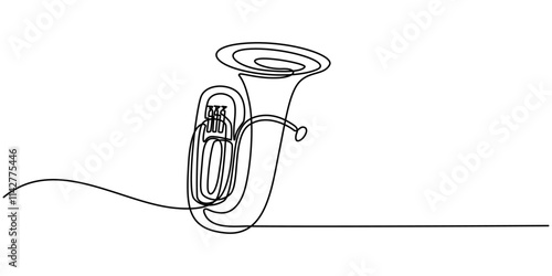 Trombone continuous one line drawing pro vector illustration, Thin line icon of trombone music instrument on white background, Thin line icon of a trumpet music instrument on white background.      