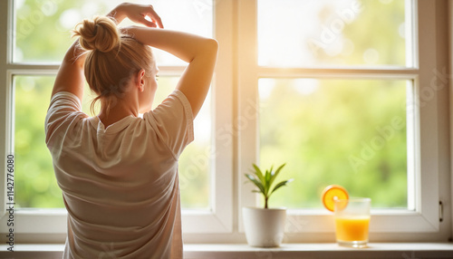 Person stretching by window with sunlight, spring renewal and vitality, symbolizing spring renewal and fighting seasonal change fatigue, Spring Vitamin Deficiency